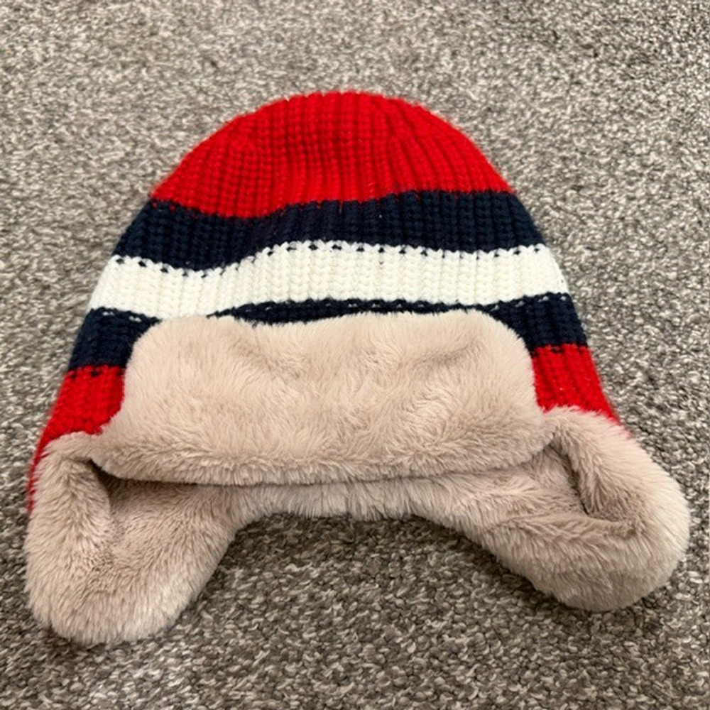 Mini Boden Kids M Trapper Hat Red Navy Stripe Knit Faux Fur Earflap Retro Ski